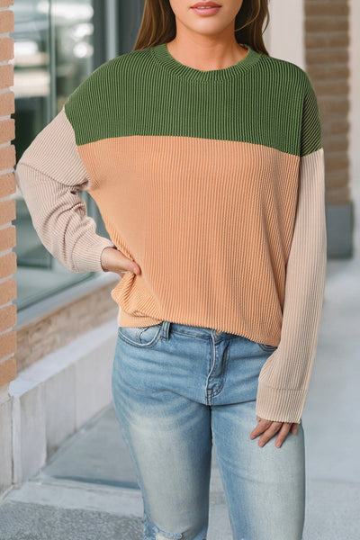 Stylish Women's Green Color Block Ribbed Long Sleeve Top - Relaxed Fit for Comfortable Everyday Casual Wear