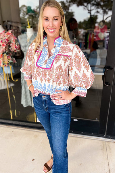 Women's Pink Abstract Floral Blouse with 3/4 Puff Sleeves, Button Front, and Collared Design for Effortless Style