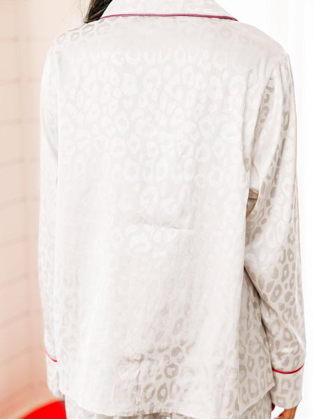 Leopard Print Satin Pajama Set with White Long Sleeve Top and Pants