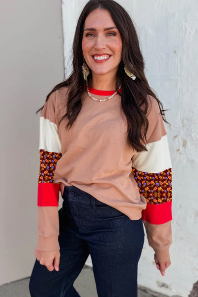 Women's Smoke Gray Floral Patchwork Drop Shoulder Sweatshirt - Trendy Casual Layer for Effortless Everyday Style