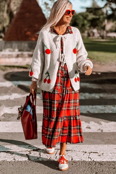 Stylish Women's Red Plaid Long Sleeve Ruffle Tiered Dress - Comfortable Casual Fashion for Everyday Wear