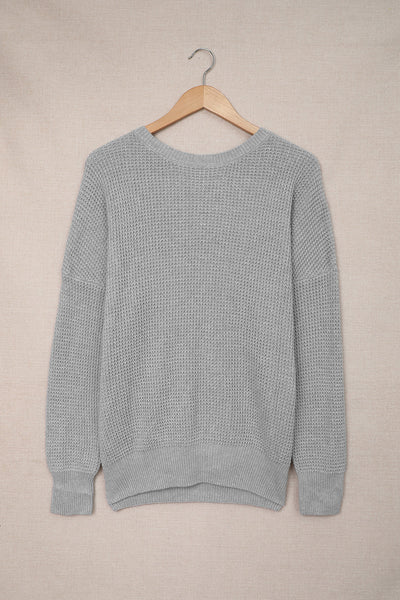 Trendy Women's Gray Cross Back Sweater - Stylish Knit Top for Casual Comfort and Fashionable Everyday Wear