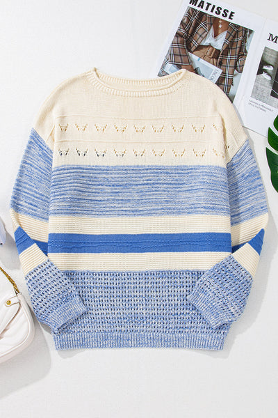 Light Blue Puff Sleeve Sweater for Women - Chic Open Stitch Knit Top for Casual Style and Everyday Comfort
