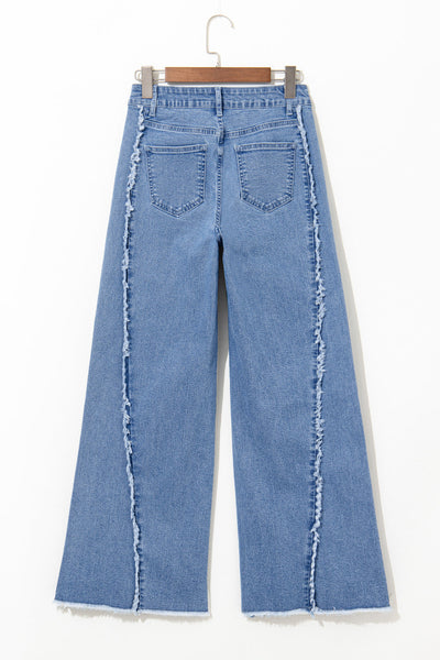 Beau Blue Women's Vintage Flared Jeans in Chic Raw Hem with Unique Stitching for Effortless Casual Style