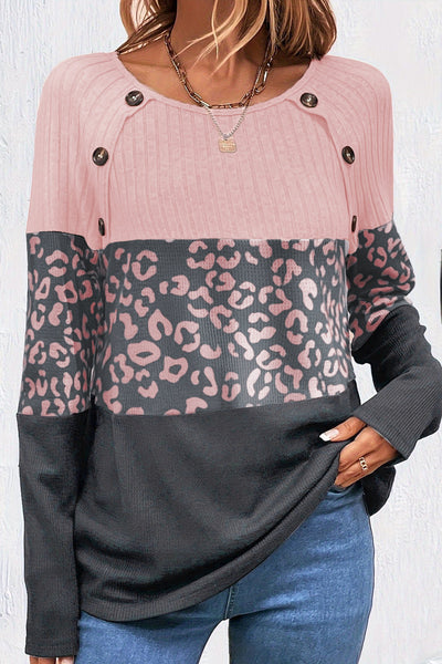 Trendy Women's Pink Cheetah Print Button-Up T-Shirt - Casual Round Neck Top for Everyday Comfort and Style