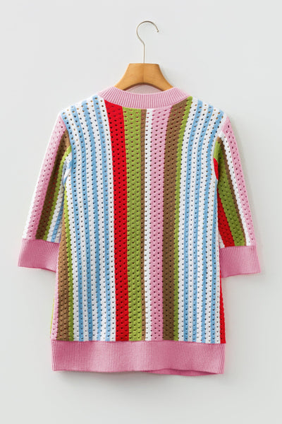 Women's Multi-Color Pointelle Knit Striped Short Sleeve Sweater