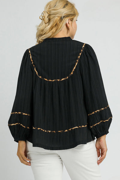 Chic Plus Size Women's Black Blouse with Leopard Trim, Split Neck, Long Puff Sleeves, and Pleated Detail