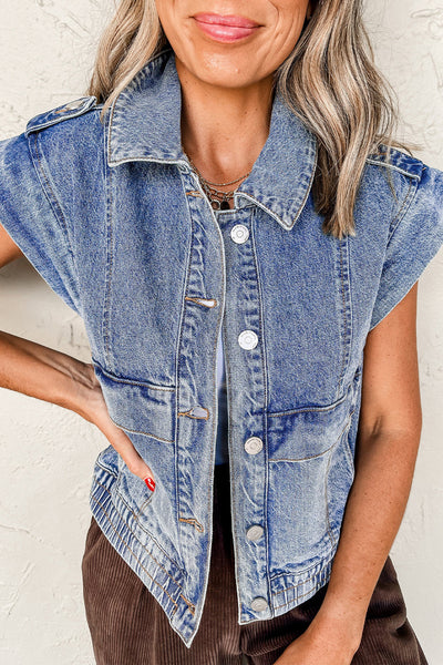 Trendy Women's Blue Acid Wash Denim Vest with Elastic Hem & Button Closure - Stylish Casual Layering Essential