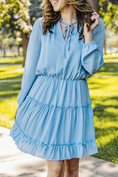 Chic Light Blue V-Neck Long Sleeve Ruffle Mini Dress for Women Ideal for Spring & Summer Events, Effortlessly Stylish