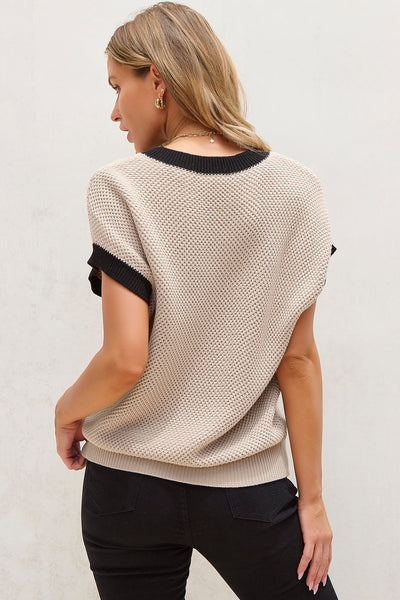 Women's Light Beige Batwing Sleeve Sweater Top - Chic Round Neck Knit Pullover with Contrast Trim for Effortless Style