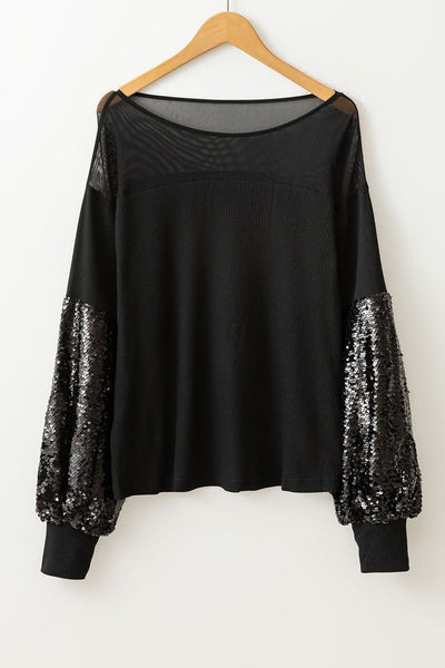 Elegant Black Sequin Lantern Sleeve Blouse for Women - Stylish Patchwork Design, Perfect for Evening Wear