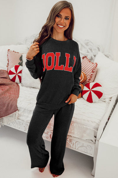 Women's Black JOLLY Long Sleeve Top with Pocketed Pants Set - Chic & Comfy Casual Outfit for Effortless Style