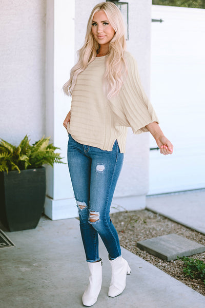 Cozy Women's Apricot Ribbed Knit Dolman Sweater with Exposed Seams - Stylish Everyday Essential for Effortless Chic