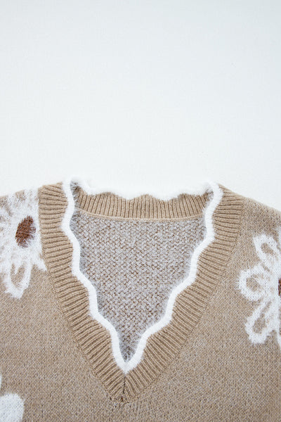 Women's Scalloped V-Neck Sweater in Soft Knit - Elegant Casual Top for Effortless Style and Comfort