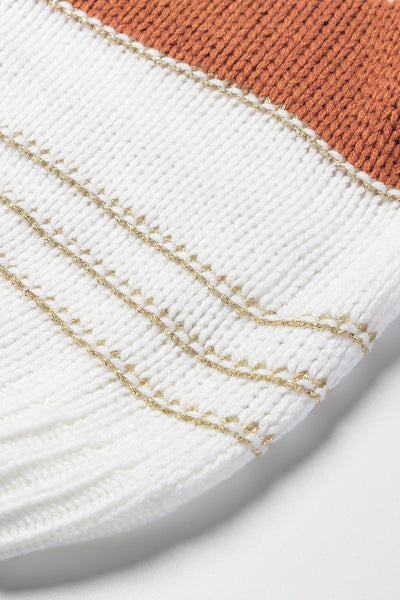 White Oversized Striped Knit Sweater with Puff Sleeves