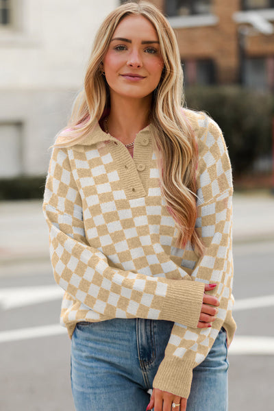 Cozy Women's Apricot Checkered V-Neck Sweater with Button Details & Drop Shoulder for Effortless Style