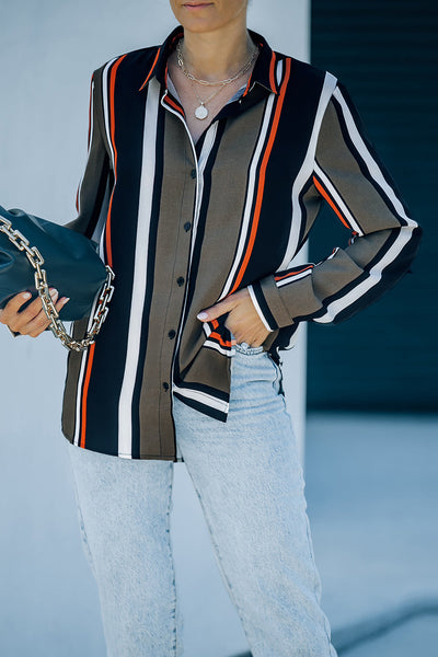 Chic Women's Black and Brown Striped Shirt - Tailored Fit for Effortless Style and Versatile Everyday Wear