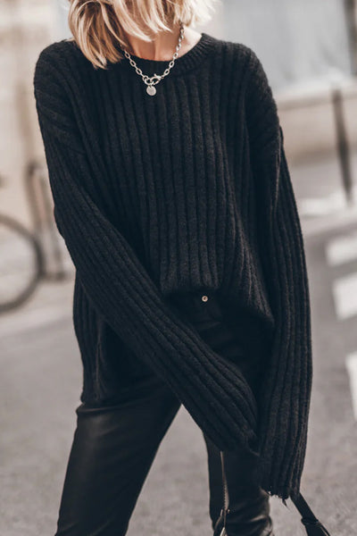 Cozy Women's Black Ribbed Slouchy Knit Sweater with Distressed Edges - Effortless Chic for Casual Comfort