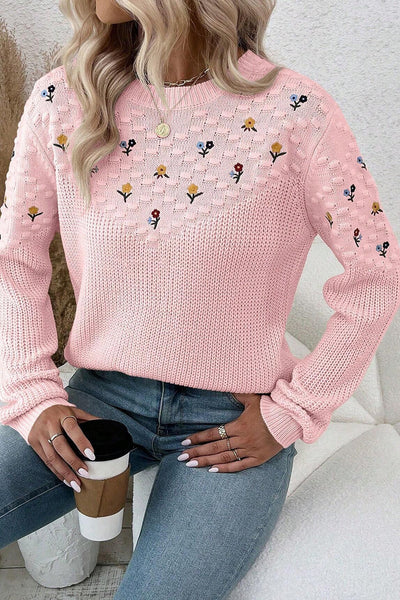 Light Pink Women's Casual Sweater with Textured Knit and Floral Embroidery Ideal for Everyday Chic Style