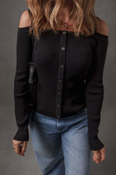 Chic Black Ribbed Knit Cold Shoulder Sweater with Button Front for Trendy Women‚Äôs Fashion