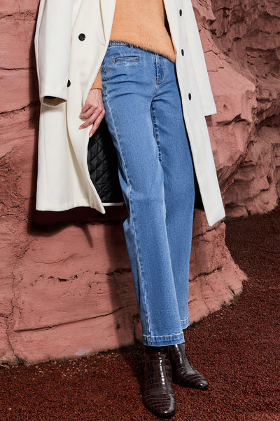 Women's Light Blue High Rise Straight Leg Jeans with Double Button