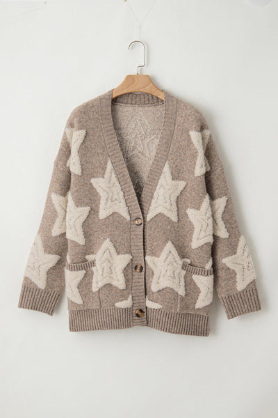 Chic Women's Khaki Sherpa Cardigan with Star Pattern & Pockets - Cozy Textured Sweater for Casual Style