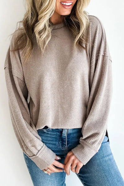 Stylish Women's Parchment Ribbed Knit Long Sleeve Top with Raw Seams Comfortable Layering Essential for Every Wardrobe