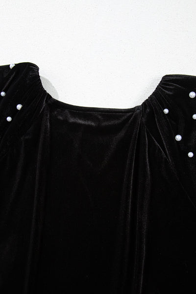 Chic Women's Black Velvet Top with Pearl Beading - Elegant Half Sleeve Design for Casual or Evening Events