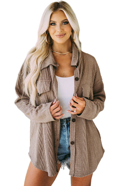 Oversized Khaki Textured Knit Shacket with Button Front