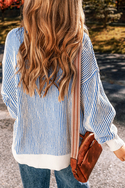 Cozy Dark Blue Striped Knit Sweater for Women - Relaxed Fit with Contrast Edges for Effortless Casual Chic Style