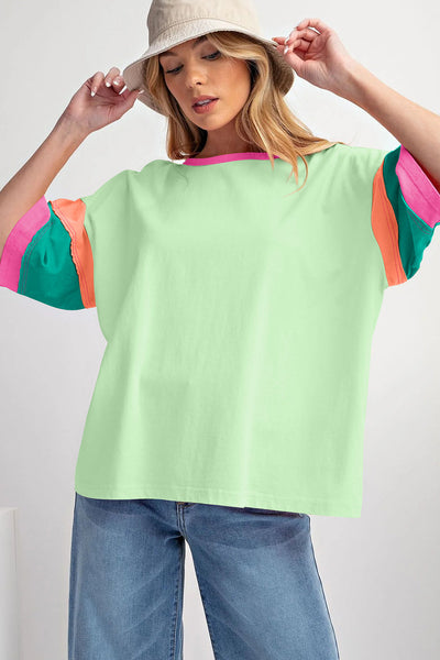 Women's Oversized Lime Green Colorblock Top with Contrast Stitch