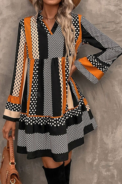 Chic Women's Black Striped Polka Dot Mini Dress with Ruffled Hem and V-Neck for Trendy Summer Style