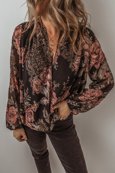 Trendy Women's Black Floral Criss-Cross V-Neck Balloon Sleeve Blouse - Stylish Casual Top for Everyday Wear