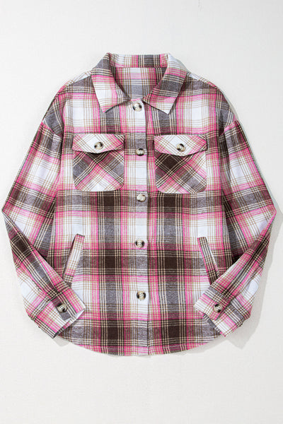Trendy Women's Pink Plaid Shacket with Flap Pockets - Stylish Layering Top for Casual Chic Outfits