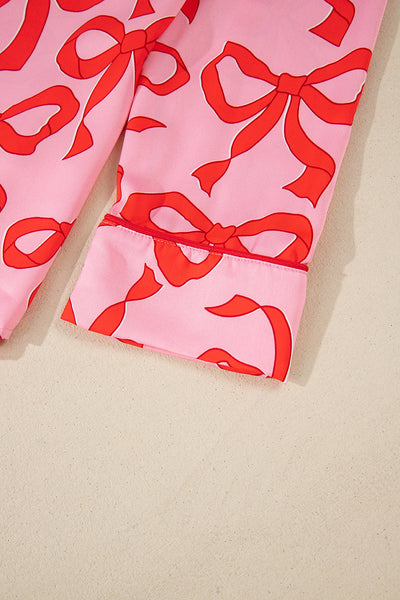 Cozy Women's Pink Bow Print Long Sleeve Pajama Set - Stylish 2-Piece Sleepwear for Comfortable Nights