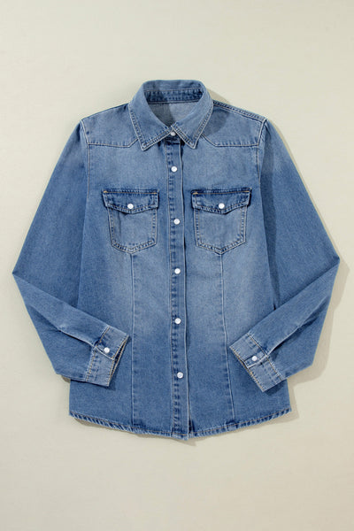 Women's Dusk Blue Slim Fit Denim Shirt with Flap Pockets