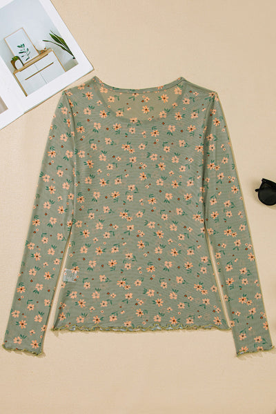 Women's Lightweight Floral Mesh Long Sleeve Top - Chic Spring/Summer Style for Effortless Casual Outfits