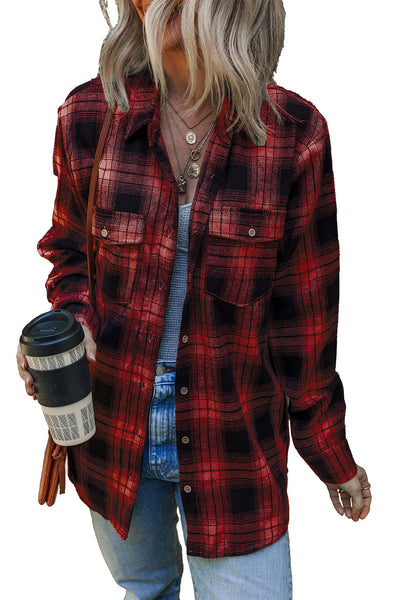 Cozy Women's Red Retro Plaid Shacket with Double Flap Pockets - Perfect Layering Piece for a Chic Fall Look