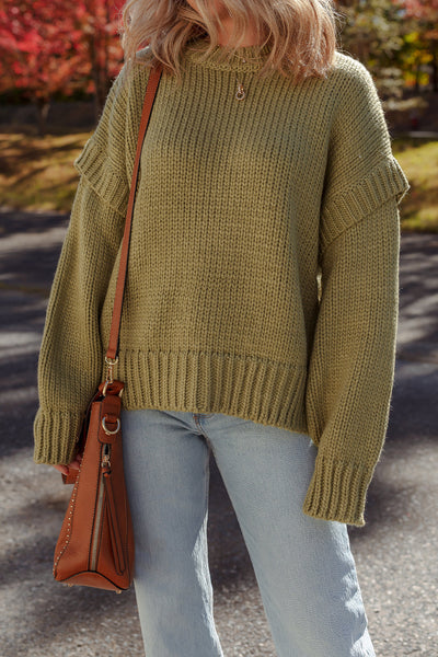 Cozy Guacamole Green Ruffled Sweater for Women - Relaxed Fit Chunky Knit for Effortless Style and Comfort