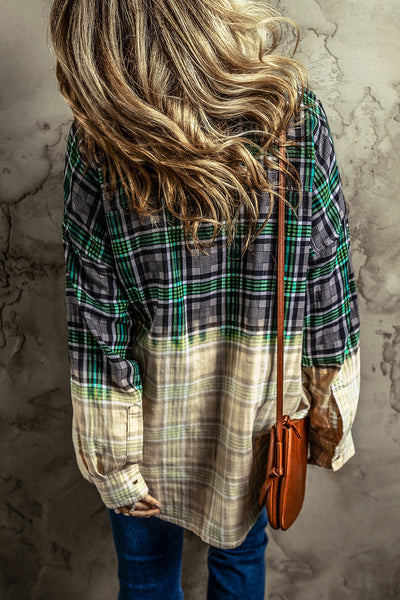 Green Plaid Patchwork Button Up Shacket with Chest Pocket