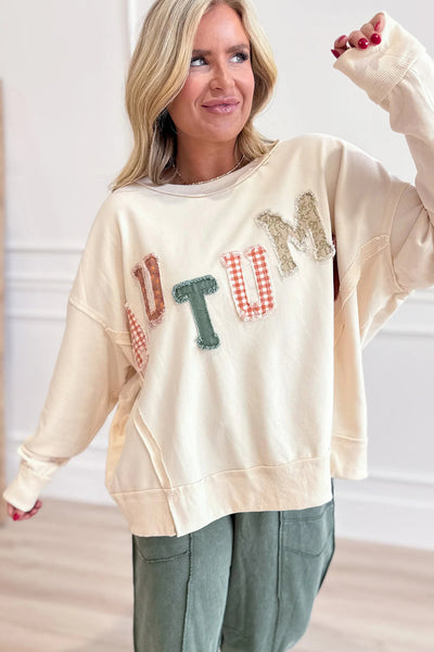 Women's Beige Autumn Patchwork Letter Pullover Sweatshirt