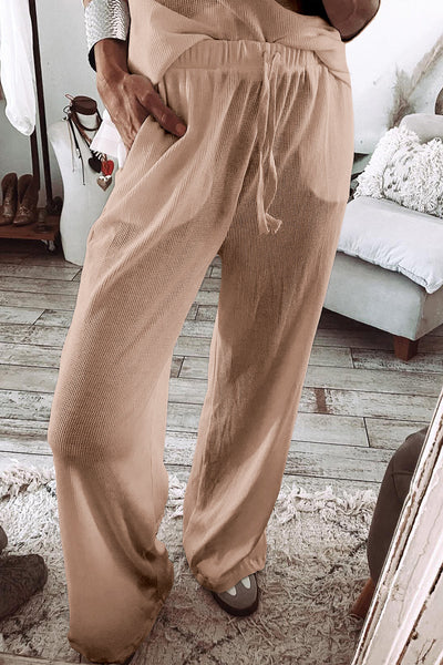 Cozy Women's Parchment Textured Long Sleeve Lounge Set with Pants - Stylish Casual Outfit for Relaxation and Comfort