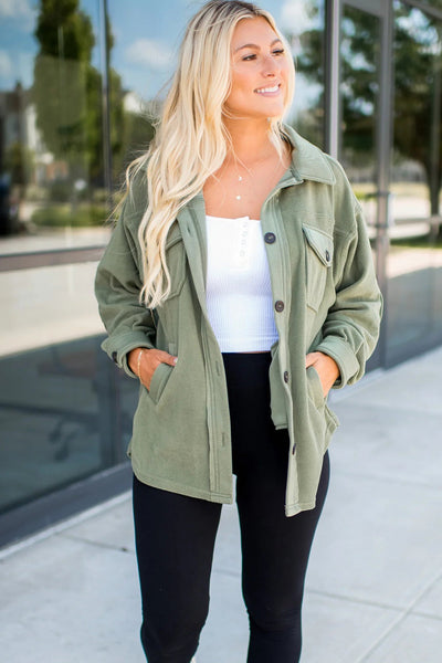 Women's Cozy Smoke Green Fleece Shacket with Exposed Seams & Button Down, Trendy Patchwork Design for Ultimate Comfort