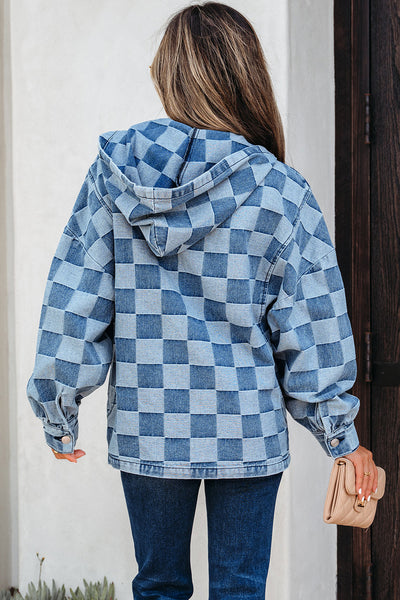 Women's Checkerboard Denim Pullover Hoodie with Quarter-Zip