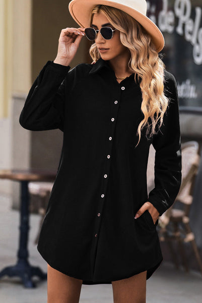 Stylish Women's Black Corduroy Midi Dress - Comfortable Long Sleeve Fit with Trendy Details for Effortless Elegance