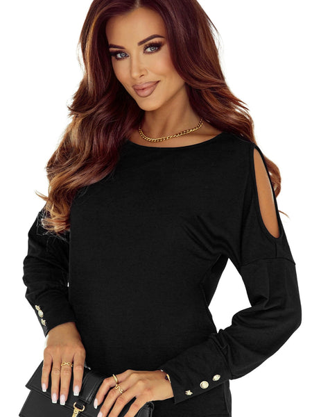 Chic Black Cold Shoulder Buttoned Top