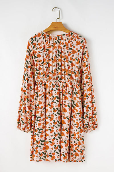 Beige Plus Size Floral Babydoll Dress for Women - V-Neck, Long Sleeve, Flowy Style Perfect for Casual or Party Events