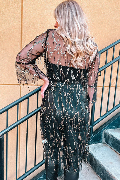 Women's Black Sequin Sheer Long Sleeve Open Front Kimono