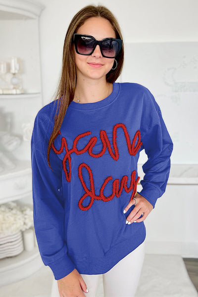 Women's Trendy Dark Blue Graphic Sweatshirt with Tinsel Detail, Relaxed Fit for Game Day Style and Ultimate Comfort