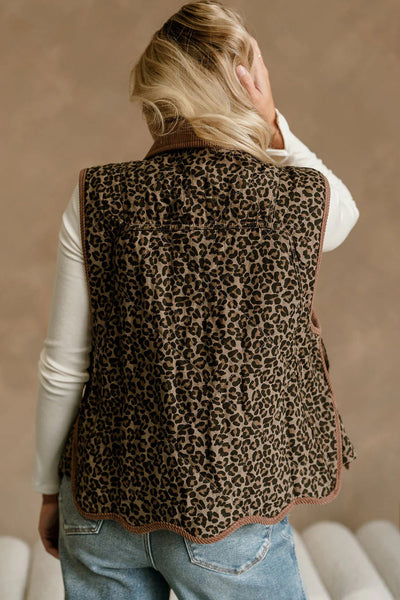 Women's Khaki Leopard Print Patchwork Vest with Corduroy Trim and Contrast Collar Stylish, Casual Layering Piece made for easy styling and wardrobe